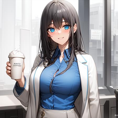 73294-1176517207-masterpiece, best quality, high quality,1girl,solo,smile, mature female,blue shirt, white coat, holding coffee,.png